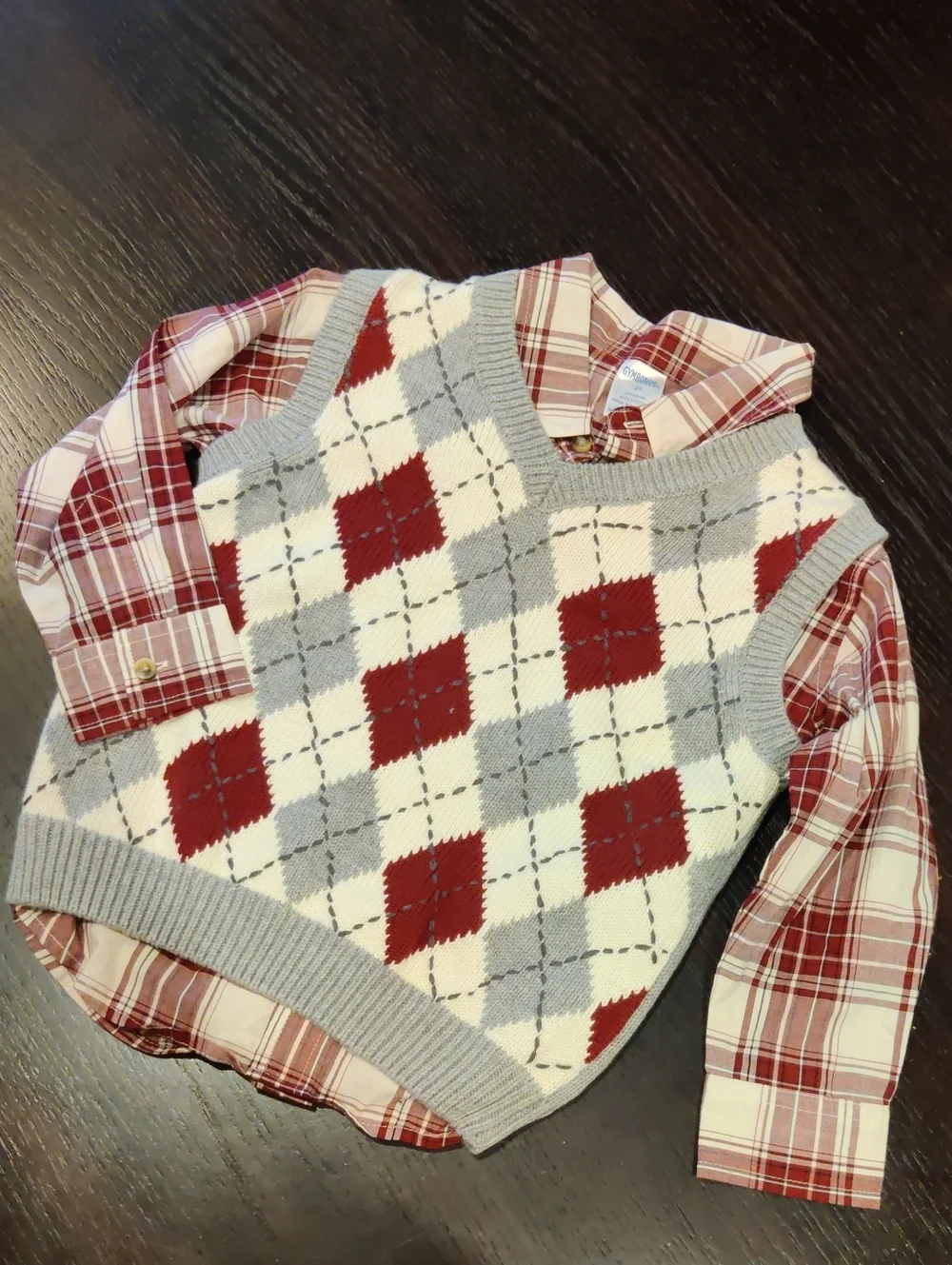 Kid's Argyle Sweater Vest with Red Plaid Button-Up Shirt